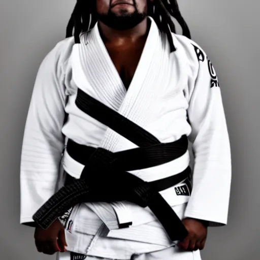 Prompt: overweight black jiu jitsu practitioner with dreadlocks wearing a white gi in a martial arts school, black man, standing full shot, real photo