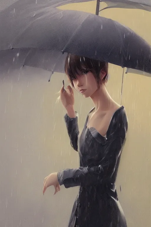 Image similar to A ultradetailed beautiful portrait panting of a stylish girl with an umbrella, rainy day, Oil painting, by Ilya Kuvshinov, Greg Rutkowski and Makoto Shinkai