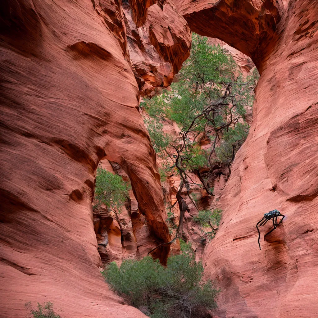 Prompt: alien flying snake winding though a slot canyon at Zion National Park, bright, 50mm sigma, professional photography, nature photography