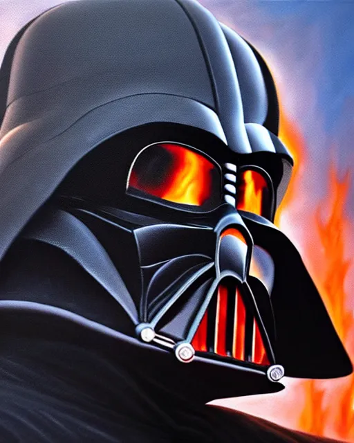Image similar to oil painting portrait of darth vader, burning city background, high production value, intricate details, high resolution, hdr, high definition, masterpiece, realistic, ultrarealistic, highly detailed, hd, sharp focus, non blurry, sharp, smooth