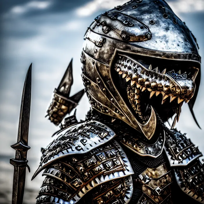 Image similar to photo of a warrior with metal crocodile themed armour and helmet, highly detailed, 4 k, hdr, smooth, sharp focus, high resolution, award - winning photo