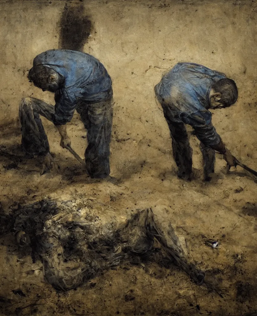 Prompt: a man in a cemetery digging up a dead body, by nicola samori, painting, 8 k, high detail, medium blue, orange, and dark green tones, high quality, sad feeling, high detail, dark colors, sinister atmosphere, dramatic lighting, cinematic, establishing shot, extremely high detail, photo realistic, cinematic lighting