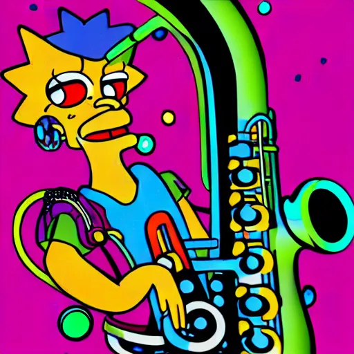 Image similar to Lisa Simpson falling into a giant saxophone, psychedelic art, uhd, matte painting