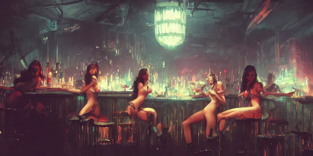 Prompt: Women hanging at the night club, Greg Rutkowski, Frank Frazetta, trending on Artstation, 8K, ultra wide angle, establishing shot, pincushion lens effect, zenith view