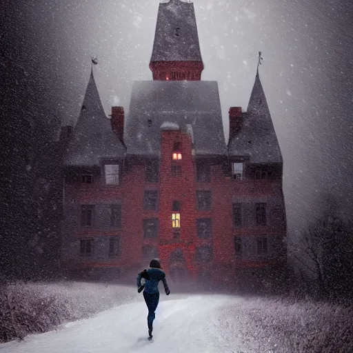 Image similar to woman running from Evil castle, in the snow, scary, foggy, flashlight, portrait, inspired by Evgeny Lushpin,George, greg rutkowski winter,nighttime,cinematic,art station