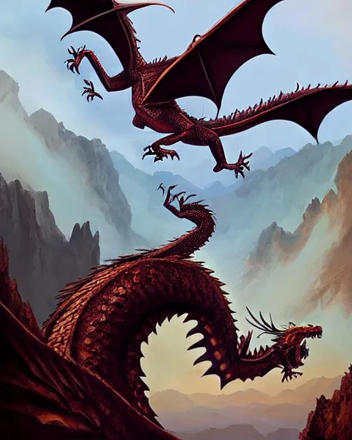 Prompt: ''dragon, rule of thirds, fantasy, mountain landscape, d & d, digital painting, artstation, deviantart, concept art, illustration, art by dragolisco and anne stokes and nico niemi''