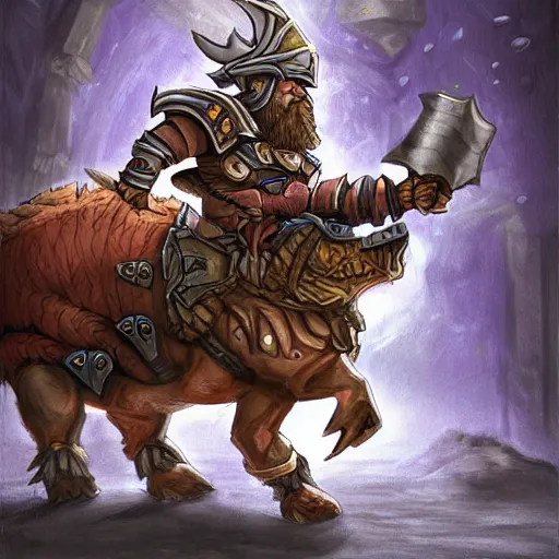 Prompt: a dwarf warrior riding on an armored boar, hearthstone coloring style, epic fantasy style art, fantasy epic digital art