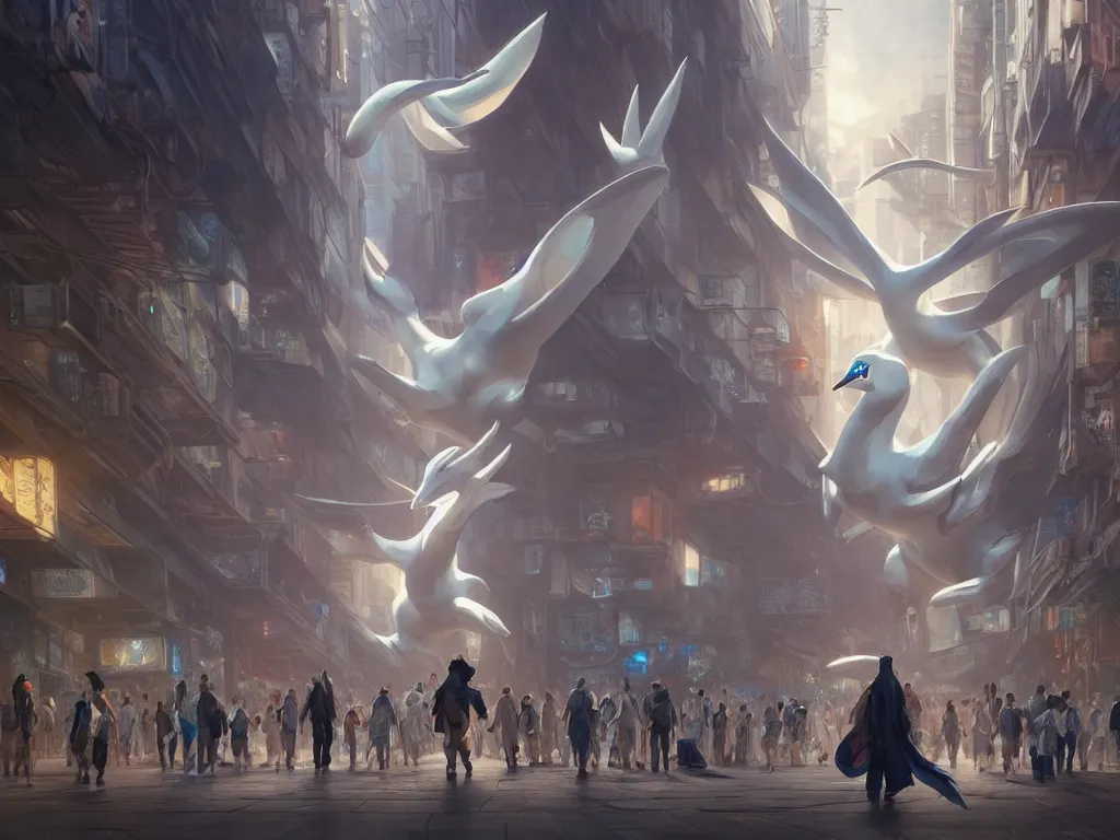 Image similar to a big lugia pokemon walking among people in open door market, cyberpunk, sci-fi, fantasy, intricate, elegant, highly detailed, digital painting, artstation, concept art, smooth, sharp focus, illustration, art by Yintion J - Jiang Geping and artgerm and greg rutkowski and alphonse mucha