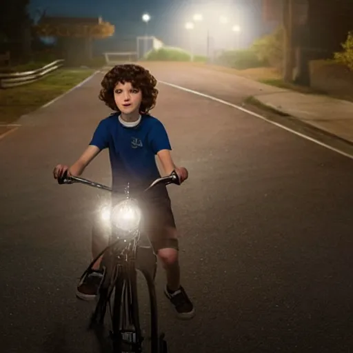 Prompt: Finn WolfHard (Mike Weeler) from Stranger Things riding her bike in the middle of the street, the bike's flashlight illuminating the ground, the clear sky, realistic, extremely high details, photorealistic, 2022s, soft lighting, 4k, human photo