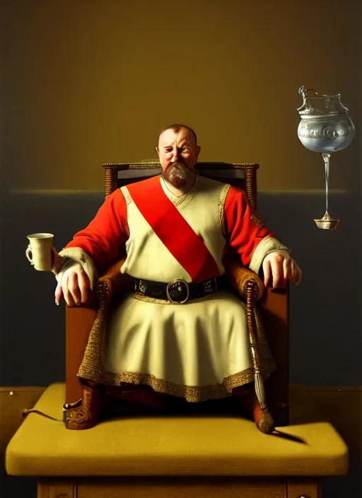 Image similar to king on a throne with a water - filled tankard in his hand in the style of michael sowa, detailed, 4 k, beautifully lit, from a film, cinematic, artstation