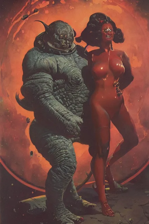 Prompt: full body portrait of fat dorian yates as demon chief standing beside elegant space woman in latex spacesuit, by norman rockwell, jack kirby, jon berkey, earle bergey, craig mullins, ruan jia, jeremy mann, tom lovell, marvel, astounding stories, 5 0 s pulp illustration, scifi, fantasy, artstation creature concept