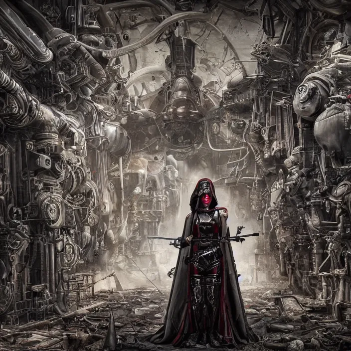 Image similar to apocalyptic woman in hood standing in hall of machinery and weaponry, hyper - detailed, smooth, sharp focus, 4 k ultra hd, fantasy dark art