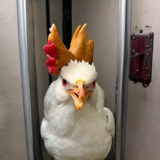 Image similar to an inmate has a chicken head instead of its own head