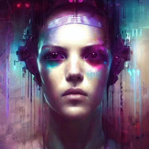 Prompt: female cyberpunk portrait by cy Twombly and BASTIEN LECOUFFE DEHARME, iridescent