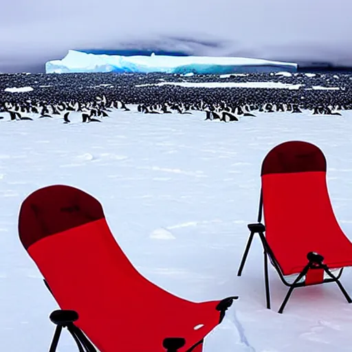 Prompt: a red camping chair in the middle of antarctica. the chair is 3 0 meters away from the camera and the chair is surrounded by a group of penguins.