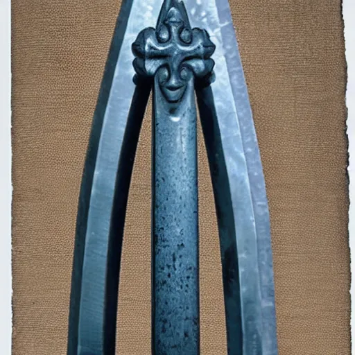 Image similar to bluestone flamberge, a huge two-handed sword with a wavy blade and large cross guard, nearly six feet long. It has a faint blue sheen, and radiates a sense of unease. The style and decoration of the sword would place it at approximately 300 years old, but the alloy is highly unusual.