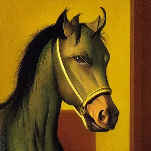 Image similar to portrait horse-face Nightmarish Horse Man Warlock the Bobby Fischer camouflaged as a Pony wearing a yellow hoodie eyvind earle greg rutkowski edgar degas andrew wyeth giorgio de chirico