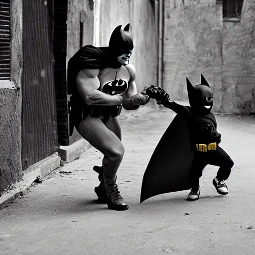 Prompt: batman beating up crying children in an alleyway caught on camera, photography, canon