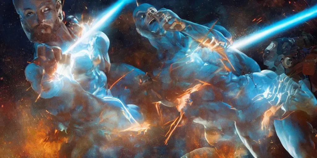 Prompt: Jesus fighting Dr Manhattan as giants in a city, cinematography, high contrast, hyper realistic, lens flares