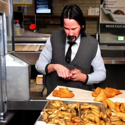 Image similar to keanu reeves working in a uk chicken shop