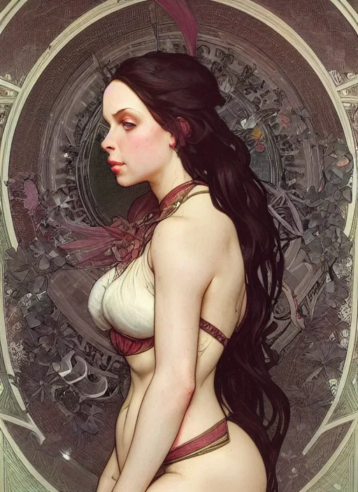 Image similar to beautiful portrait of gianna michaels, by magali villeneuve and greg rutkowski and artgerm and alphonse mucha, intricate, elegant, highly detailed, photorealistic, trending on artstation, trending on cgsociety, 8 k, sharp focus