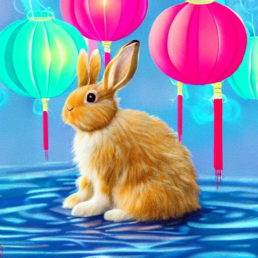 Prompt: cute fluffy tan lop eared bunny rabbit sitting by water with chinese lanterns and fireworks detailed painting 4k