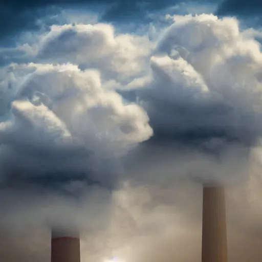 Prompt: two smoke stacks sticking out of the clouds, a microscopic photo by Mary McEvoy, shutterstock contest winner, optical illusion, atmospheric, made of mist, mist