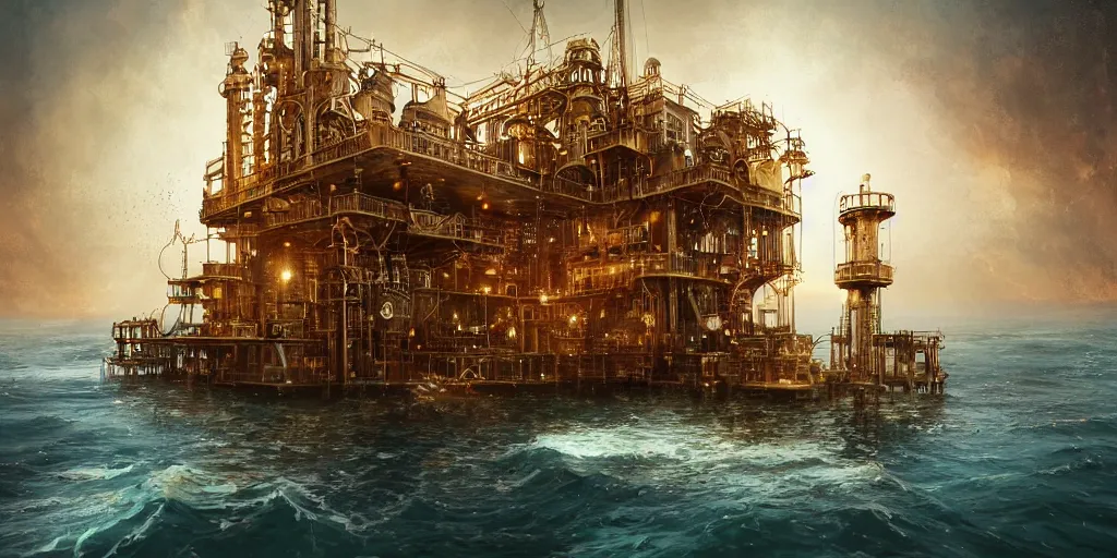 Image similar to golden steampunk oilrig in the sea, coins flying, intricate, very very beautiful, elegant, highly detailed, digital painting, artstation, concept art, smooth, sharp focus, illustration, WLOP