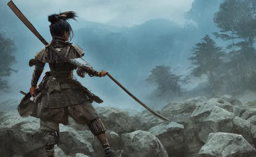 Prompt: highly detailed digital illustration of native japanese woman shinobi warrior standing in wet japanese battlefield from sengoku period, surrounded by dense rock formations, high in mountains, blue night, cinematic lighting, photobash, raytracing, volumetric lighting