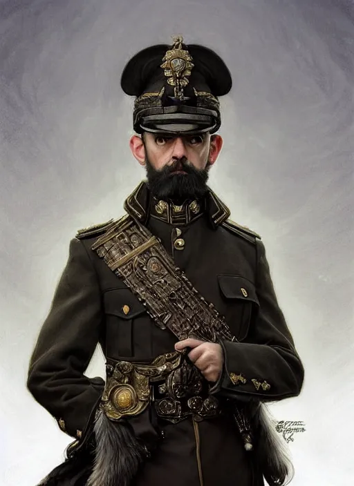 Image similar to portrait of stoic looking miniature schnauzer, military uniform, black fir, white eyebrows, fantasy, intricate, elegant, highly detailed, centered, dark, smokey, digital painting, artstation, concept art, smooth, sharp focus, illustration, art by artgerm and greg rutkowski and alphonse mucha