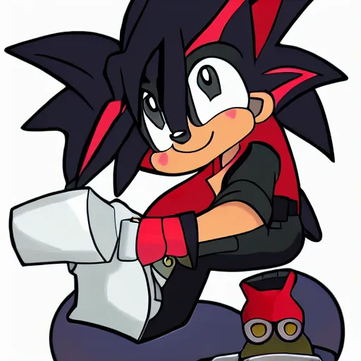 Prompt: shadow the hedgehog wearing a white pressed shirt with pocket protector, nerd