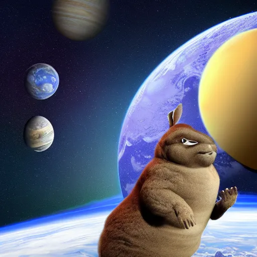 Prompt: big chungus in space next to the planet Earth, digital art, highly-detailed artstation cgsociety