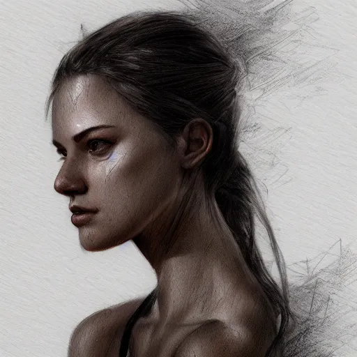 Image similar to sketch of a beautiful young woman, pencil art, ink and pencil, hyperrealistic, hyperdetailled, digital art, greg rutkowski, artstation, 8 k, beautiful drawing, paper texture, spray paint, watercolors