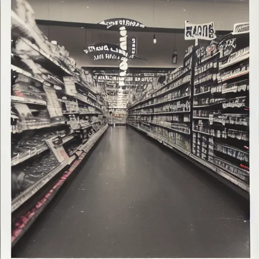 Image similar to vintage photograph of a futuristic time quetzalcoatl inside a grocery store, shallow depth of field, awkward, out of place, polaroid 6 0 0 color