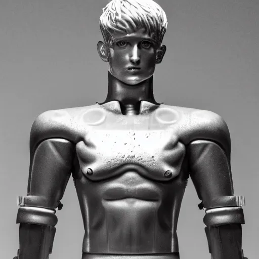 Image similar to a realistic detailed photo of a guy who is an attractive humanoid who is half robot and half humanoid, who is a male android, wrestler bo nickal, shiny skin, posing like a statue, blank stare, by the pool, on display, showing off his muscles, humanoid robot, frozen ice statue