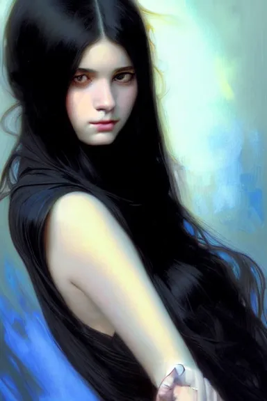 Image similar to portrait of teenage girl with long glossy black hair, blue eyes, glowing skin, fashion model features, fantasy, intricate, elegant, black dress, highly detailed, digital painting, artstation, concept art, smooth, sharp focus, illustration, art by Krenz Cushart and Artem Demura and alphonse mucha