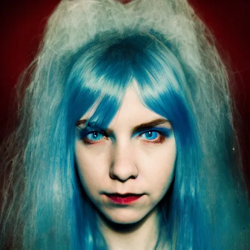 Prompt: portrait of young girl half dragon half human, dragon girl, dragon skin, dragon eyes, dragon crown, blue hair, long hair, highly detailed, cinematic lighting, by Sofia Coppola, by Robert Eggers, by David Lynch