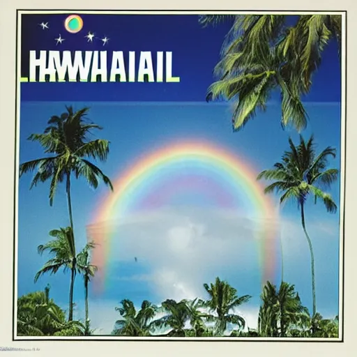 Image similar to miracle musical Hawaii part ii album cover, showing an ocean in the background, spiral transparent stairs on the left with tall palm trees behind it, a slight rainbow in the background, white outline border, moon in the right top area black and white except for the rainbow album cover rainbow text in the center reading Hawaii part ii, 80s Japanese