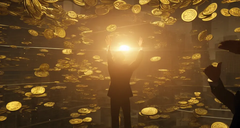 Image similar to Dramatic photo of a CEO waving to a large group of his coworkers in a futuristic office. Golden coins are levitating all around them. 8k, high detail, trending on Artstation, volumetric lighting, cyberpunk