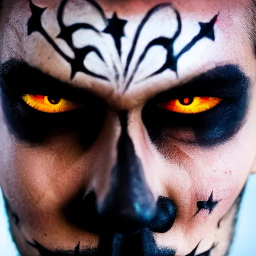 Image similar to a close up of a man with calavera makeup on and glowing eyes, dark background with the moon visible, harsh dramatic lighting