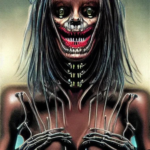 Image similar to a terrifying cybernetic woman, wires for hair, glowing eyes, razor sharp teeth, horror, computers, studio lighting, 8 5 mm f / 1. 8, cyberpunk, art by, masterpiece, trending, highly detailed, realistic, by basil gogos, by bernie wrightson, by graham ingels
