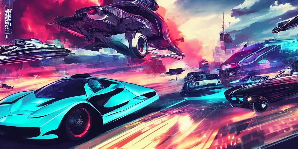 Image similar to high octane car chase, futuristic, sci - fi, vaporwave, wide shot, digital art, detailed