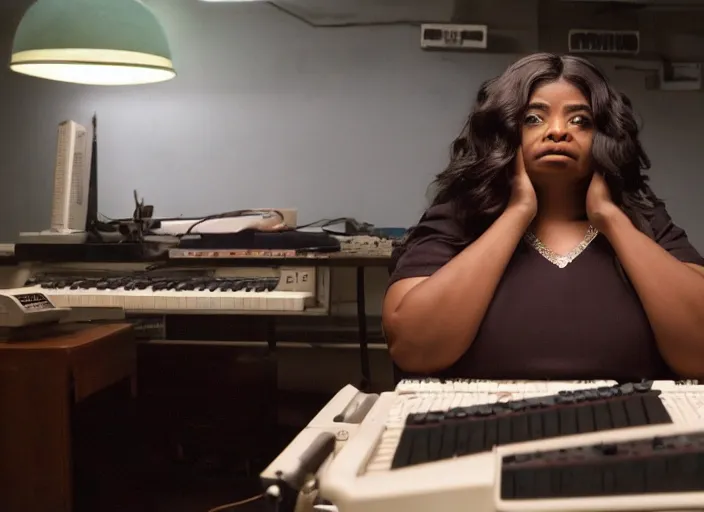 Image similar to cinematic shot of octavia spencer in an small used electronics store hands on an old electronic keyboard, iconic scene from the paranoid thriller sci fi film directed by pt anderson, anamorphic lensesy, beautiful composition, moody cinematography, overhead lighting, color theory, leading lines, photorealistic, volumetric lighting, hyper detailed 4 k image,