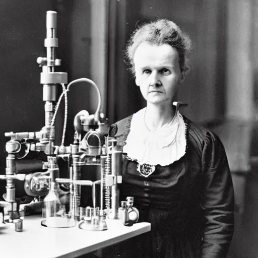 Prompt: Marie Curie with monocle, steampunk style, laboratory in the background