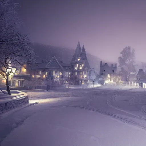 Image similar to a highly detailed digital art rendering and concept design of a snowy villages at dusk, stunning volumetric lighting, three dimensions, digitally altered environment, ui design, 3d modeling, illustration, transport design,