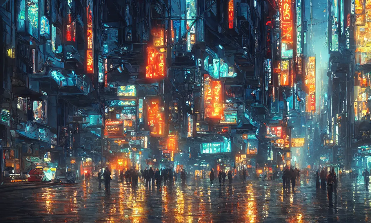 Image similar to an epic painting of the city street, oil on canvas, cold colors, perfect composition, golden ratio, beautiful detailed, photorealistic, digital painting, artstation, concept art, smooth, sharp focus, illustration, cyberpunk background, artstation trending, octane render, unreal engine