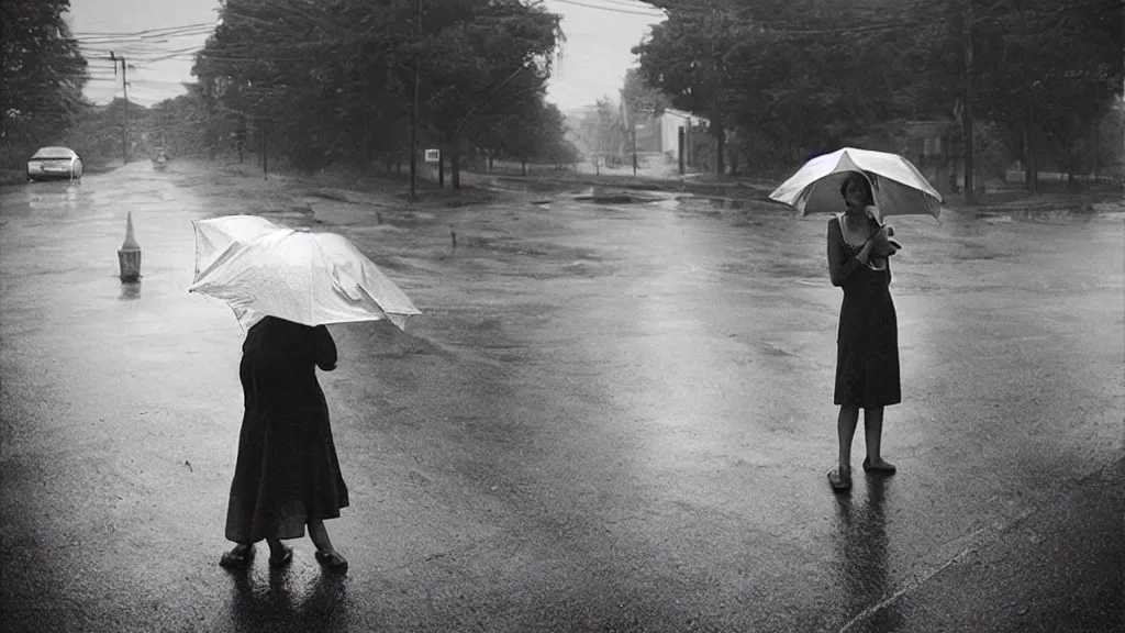 Prompt: “ a woman waiting on the corner holding an umbrella, photography by gregory crewdson ”