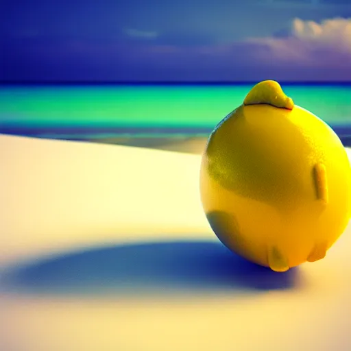 Image similar to anthromorphic robotic lemon relaxing in a beach, photorealistic 3 d octane render, unreal engine