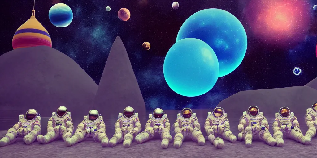 Image similar to twelve cosmonauts sitting by the river with a big holiday cake + octane render + ue 5 + planets and stars + mystical fog + psychedelic colors + super detail, high quality