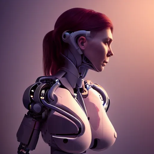 Image similar to pregnant female cyborg, robot anatomy elements, female body elements, cozy atmospheric and cinematic lighting, ultra rendered extreme realism and detail, 8 k, linear gamma, dynamic pose, dissolution filter, turbulence filter, sophisticated composition, old masters light composition, procedurally generated, pbr, photorealistic, sharp focus